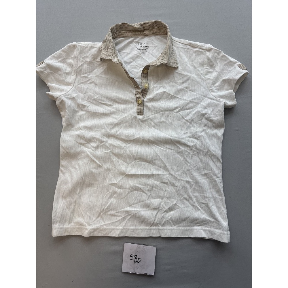 IZOD Womens White Beige Striped Collar Polo Shirt Short Sleeve Cotton Blend Top